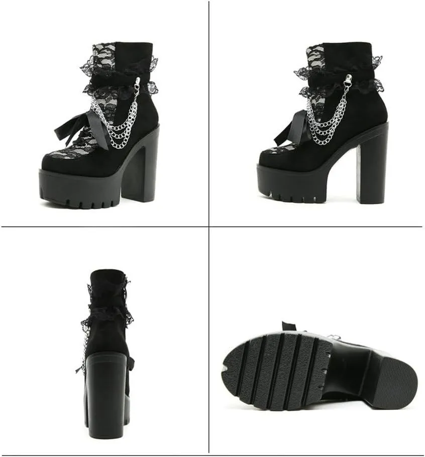 Parisuit Womens Victorian Lace Goth Platform Boots Lace-Up Chunky High Heels Ankle Combat Boots