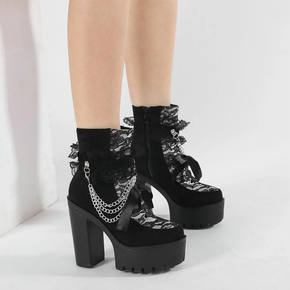 Parisuit Womens Victorian Lace Goth Platform Boots Lace-Up Chunky High Heels Ankle Combat Boots