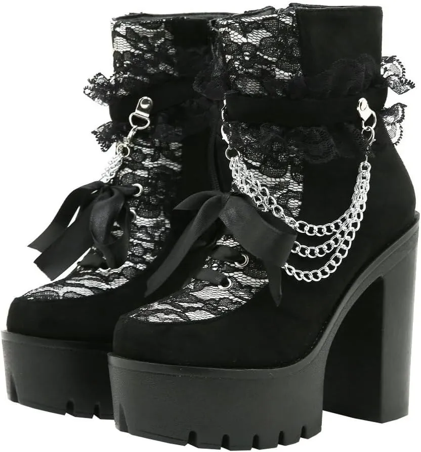 Parisuit Womens Victorian Lace Goth Platform Boots Lace-Up Chunky High Heels Ankle Combat Boots
