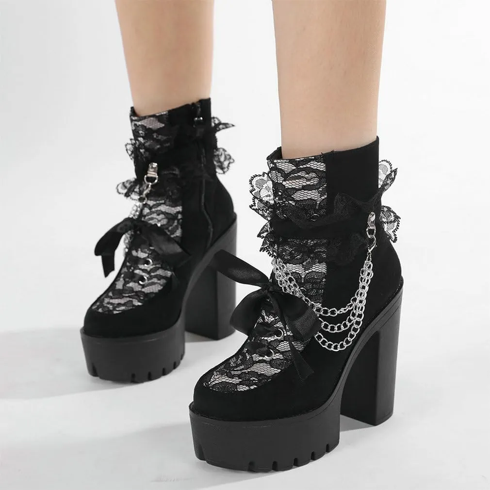 Parisuit Womens Victorian Lace Goth Platform Boots Lace-Up Chunky High Heels Ankle Combat Boots