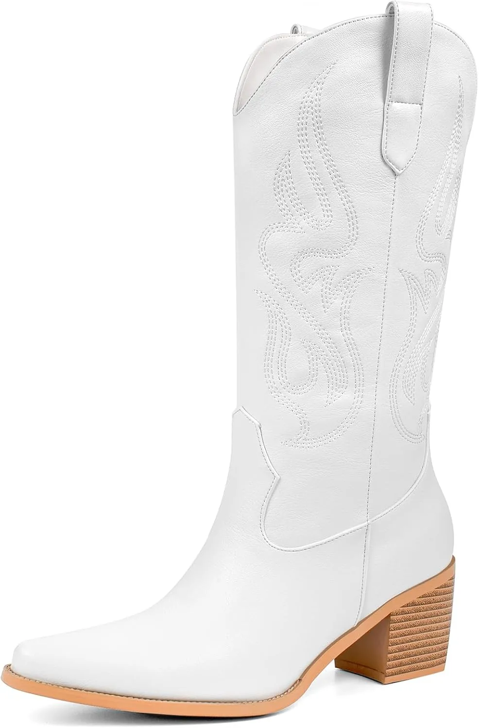 Pasuot Cowboy Boots for Women - Cowgirl Western Mid Calf Boots with Embroidery, Pointed Toe Retro Chunky Heel Slip On Fashion Classic Short Boots Pull On for Ladies Summer Fall