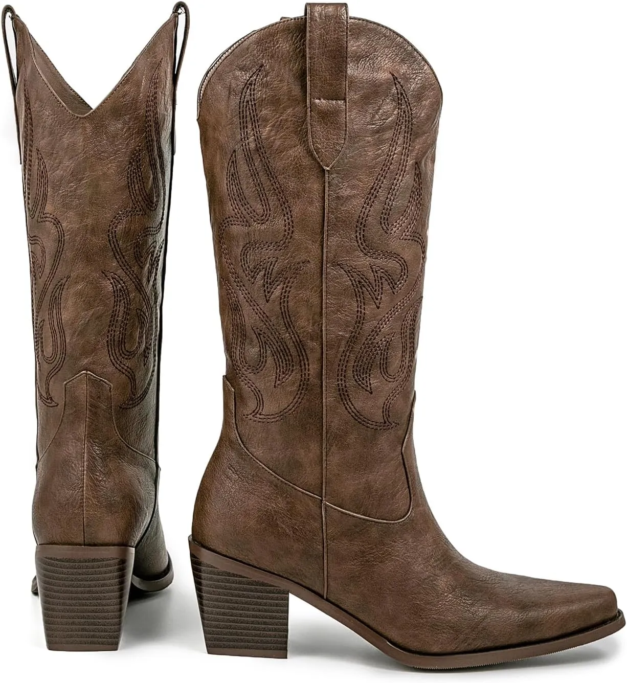 Pasuot Cowboy Boots for Women - Cowgirl Western Mid Calf Boots with Embroidery, Pointed Toe Retro Chunky Heel Slip On Fashion Classic Short Boots Pull On for Ladies Summer Fall