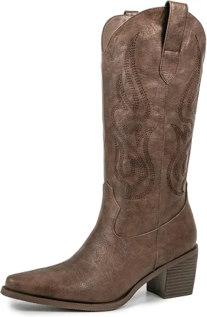Pasuot Cowboy Boots for Women - Cowgirl Western Mid Calf Boots with Embroidery, Pointed Toe Retro Chunky Heel Slip On Fashion Classic Short Boots Pull On for Ladies Summer Fall