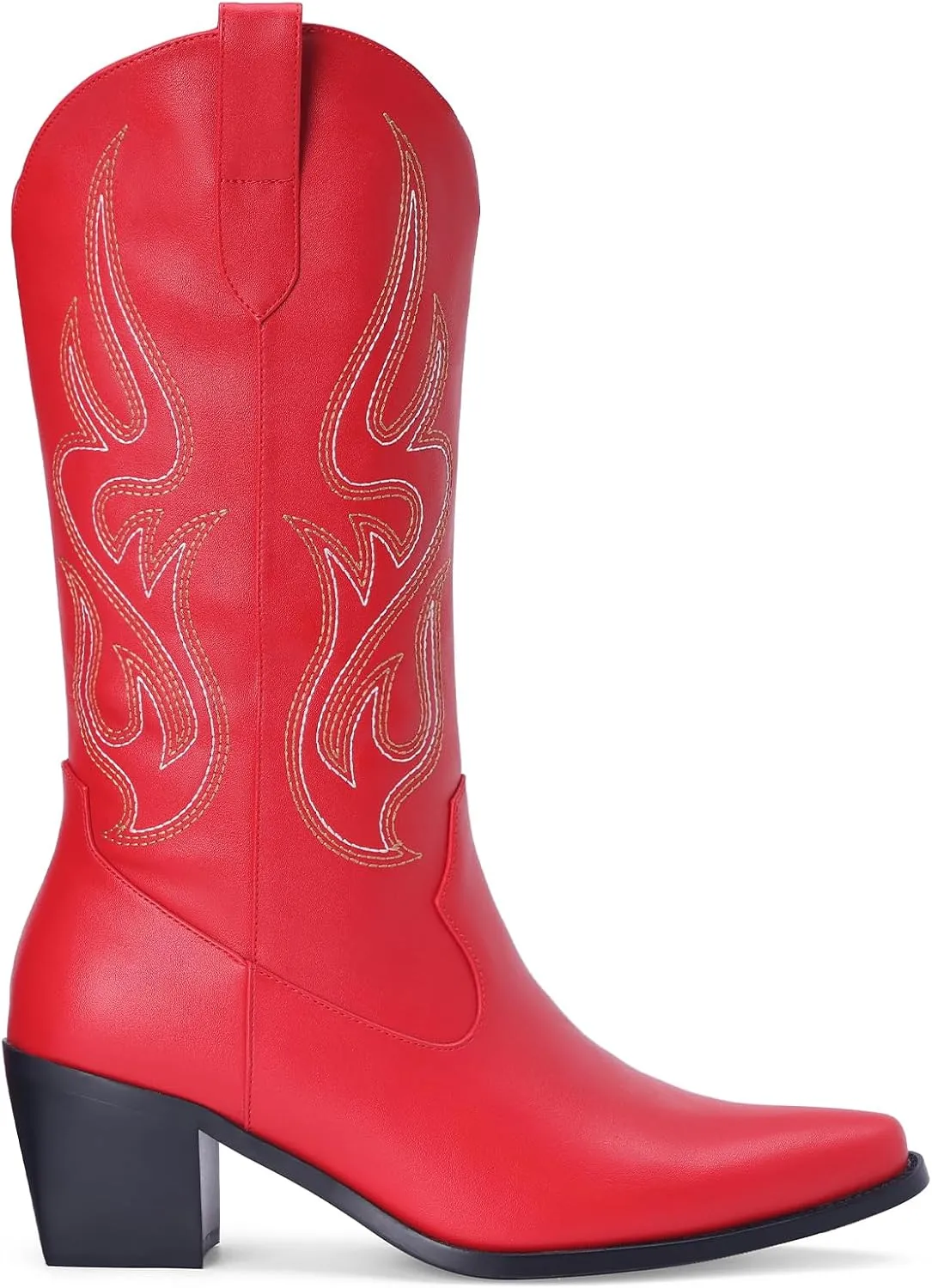 Pasuot Cowboy Boots for Women - Cowgirl Western Mid Calf Boots with Embroidery, Pointed Toe Retro Chunky Heel Slip On Fashion Classic Short Boots Pull On for Ladies Summer Fall