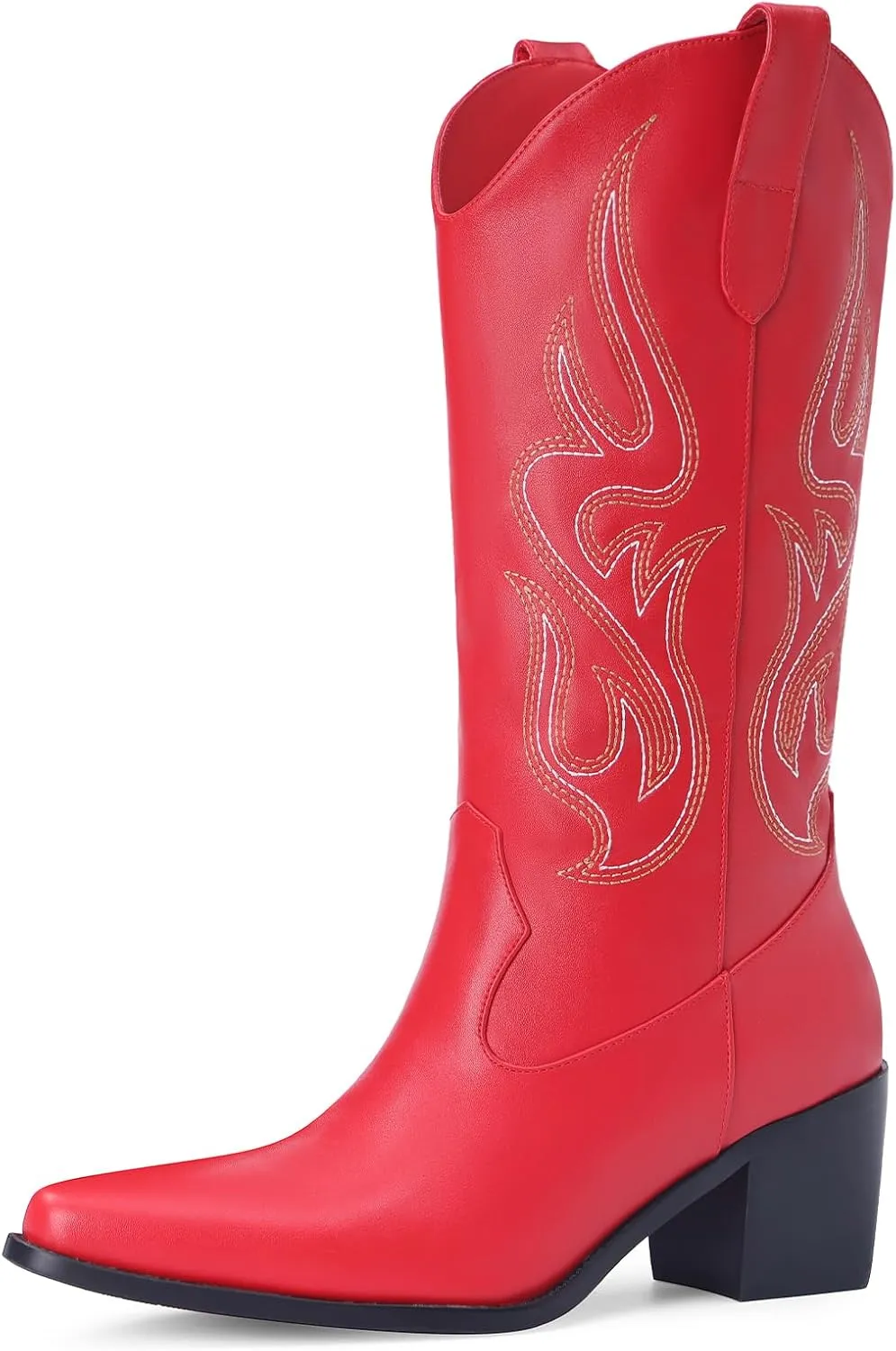 Pasuot Cowboy Boots for Women - Cowgirl Western Mid Calf Boots with Embroidery, Pointed Toe Retro Chunky Heel Slip On Fashion Classic Short Boots Pull On for Ladies Summer Fall