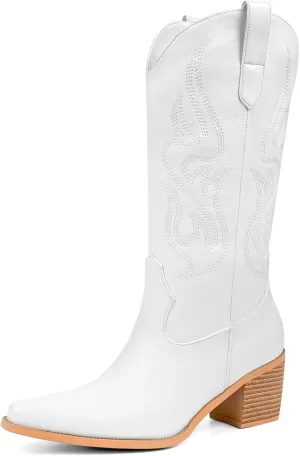 Pasuot Cowboy Boots for Women - Cowgirl Western Mid Calf Boots with Embroidery, Pointed Toe Retro Chunky Heel Slip On Fashion Classic Short Boots Pull On for Ladies Summer Fall