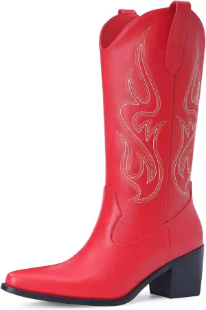 Pasuot Cowboy Boots for Women - Cowgirl Western Mid Calf Boots with Embroidery, Pointed Toe Retro Chunky Heel Slip On Fashion Classic Short Boots Pull On for Ladies Summer Fall