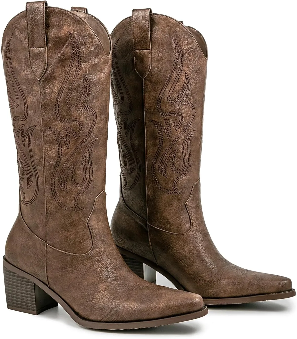 Pasuot Cowboy Boots for Women - Cowgirl Western Mid Calf Boots with Embroidery, Pointed Toe Retro Chunky Heel Slip On Fashion Classic Short Boots Pull On for Ladies Summer Fall