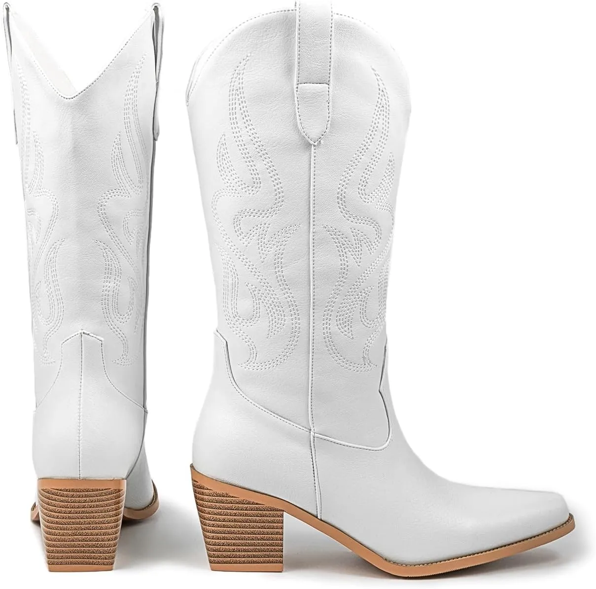 Pasuot Cowboy Boots for Women - Cowgirl Western Mid Calf Boots with Embroidery, Pointed Toe Retro Chunky Heel Slip On Fashion Classic Short Boots Pull On for Ladies Summer Fall
