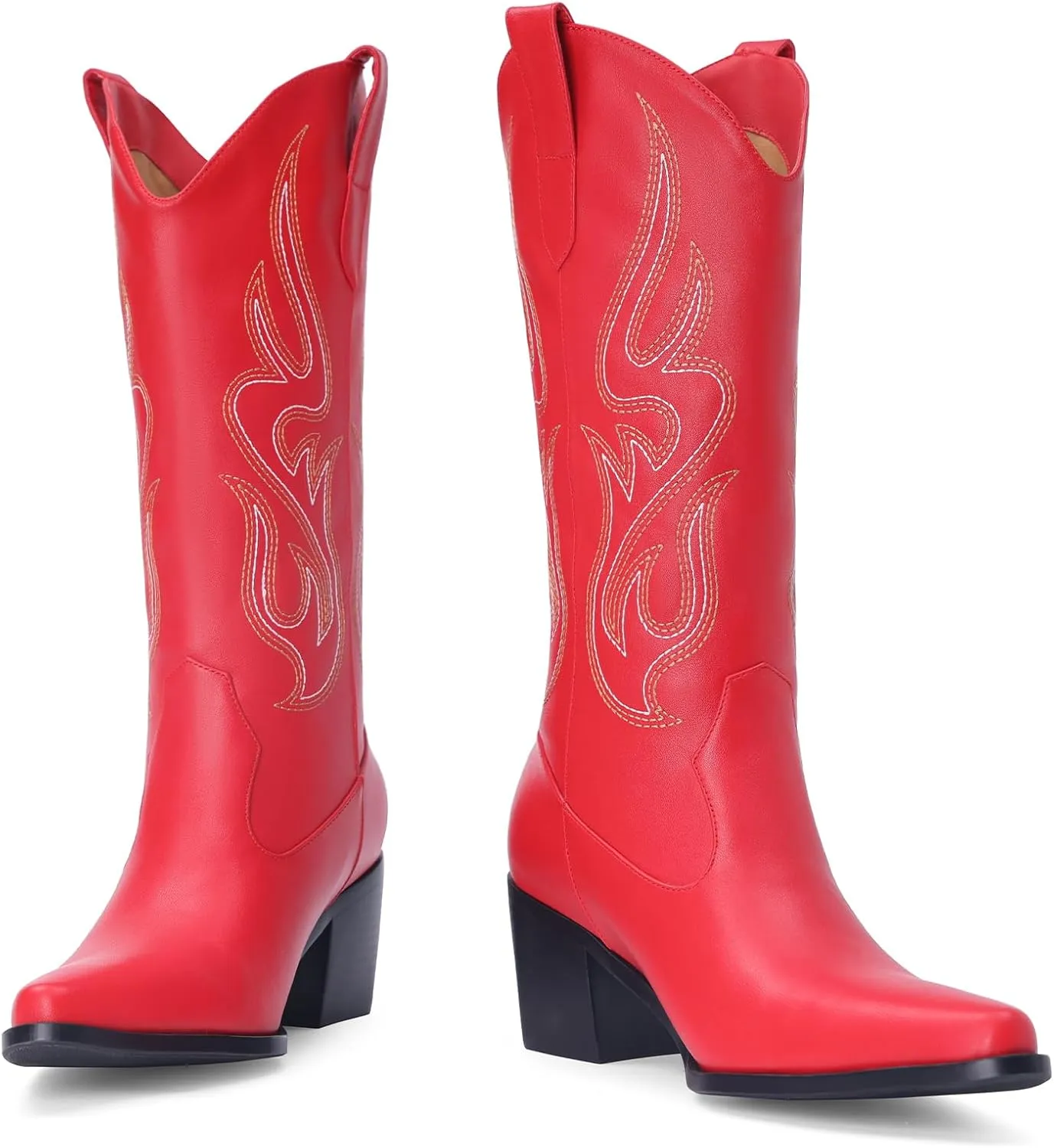 Pasuot Cowboy Boots for Women - Cowgirl Western Mid Calf Boots with Embroidery, Pointed Toe Retro Chunky Heel Slip On Fashion Classic Short Boots Pull On for Ladies Summer Fall