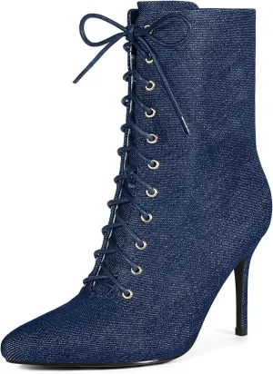 Perphy Denim Boot Lace Up Stiletto Heels Ankle Boots for Women