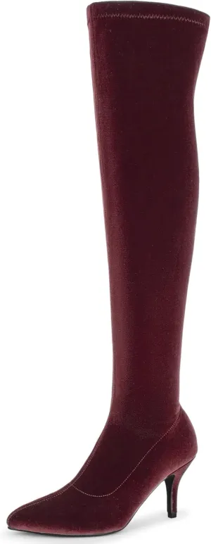 Perphy Faux Velvet Pointed Toe Stiletto Heels Over the Knee High Boots for Women