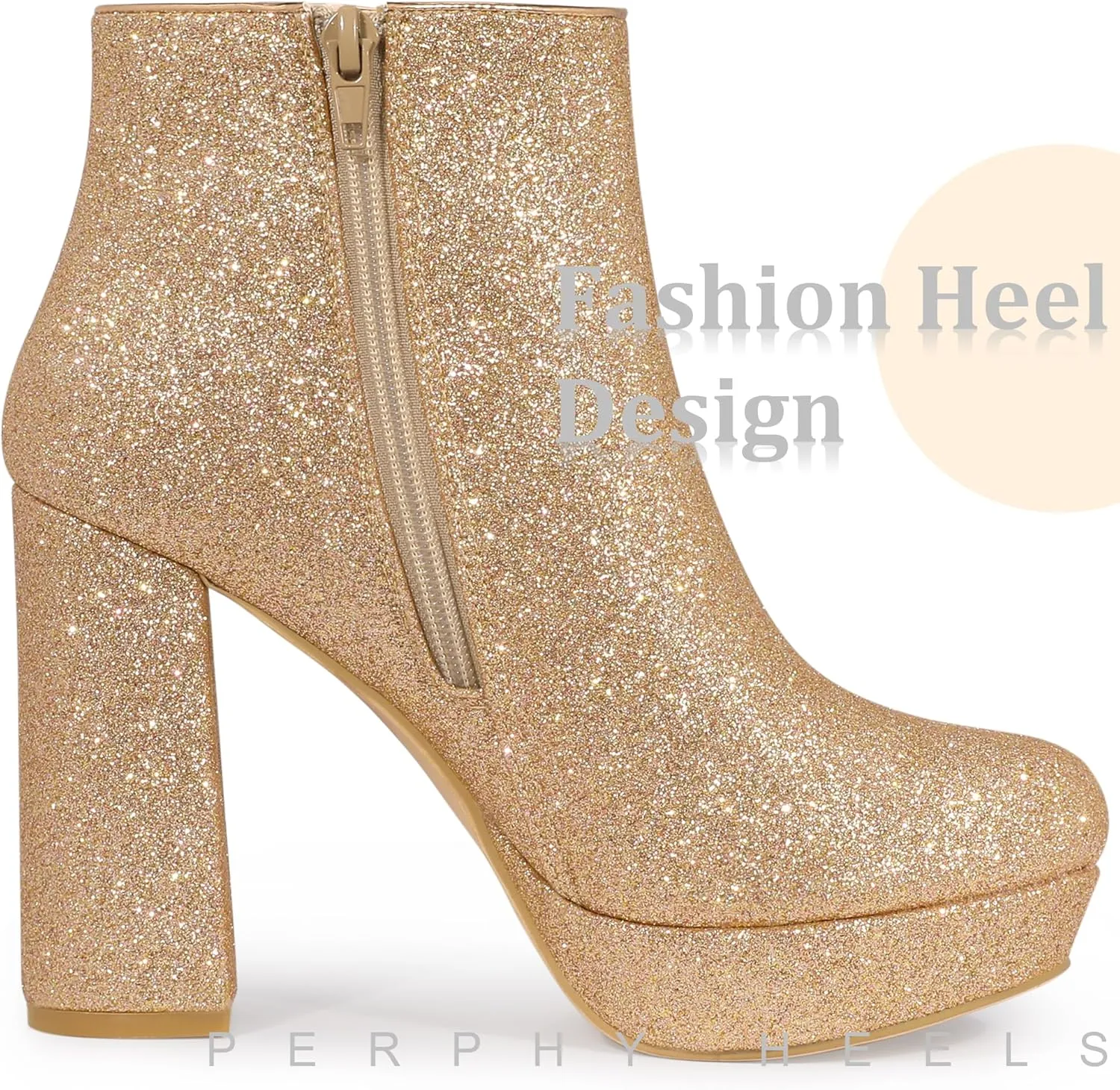 Perphy Glitter Platform Round Toe Chunky Heels Ankle Boots for Women