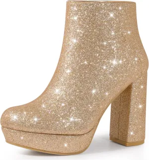 Perphy Glitter Platform Round Toe Chunky Heels Ankle Boots for Women
