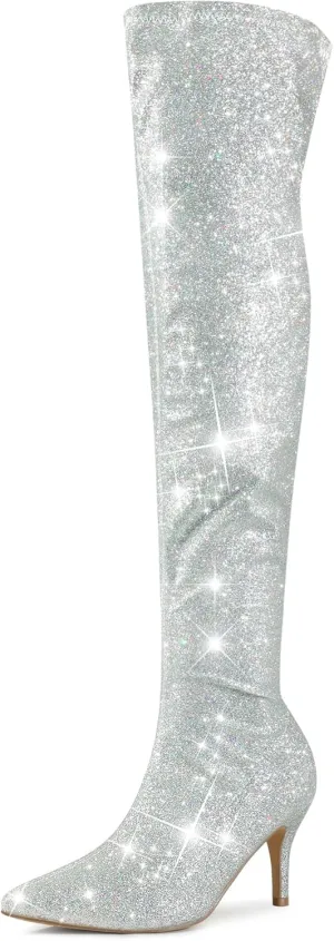 Perphy Glitter Thigh High Boot Stiletto Heels Over the Knee Boots for Women