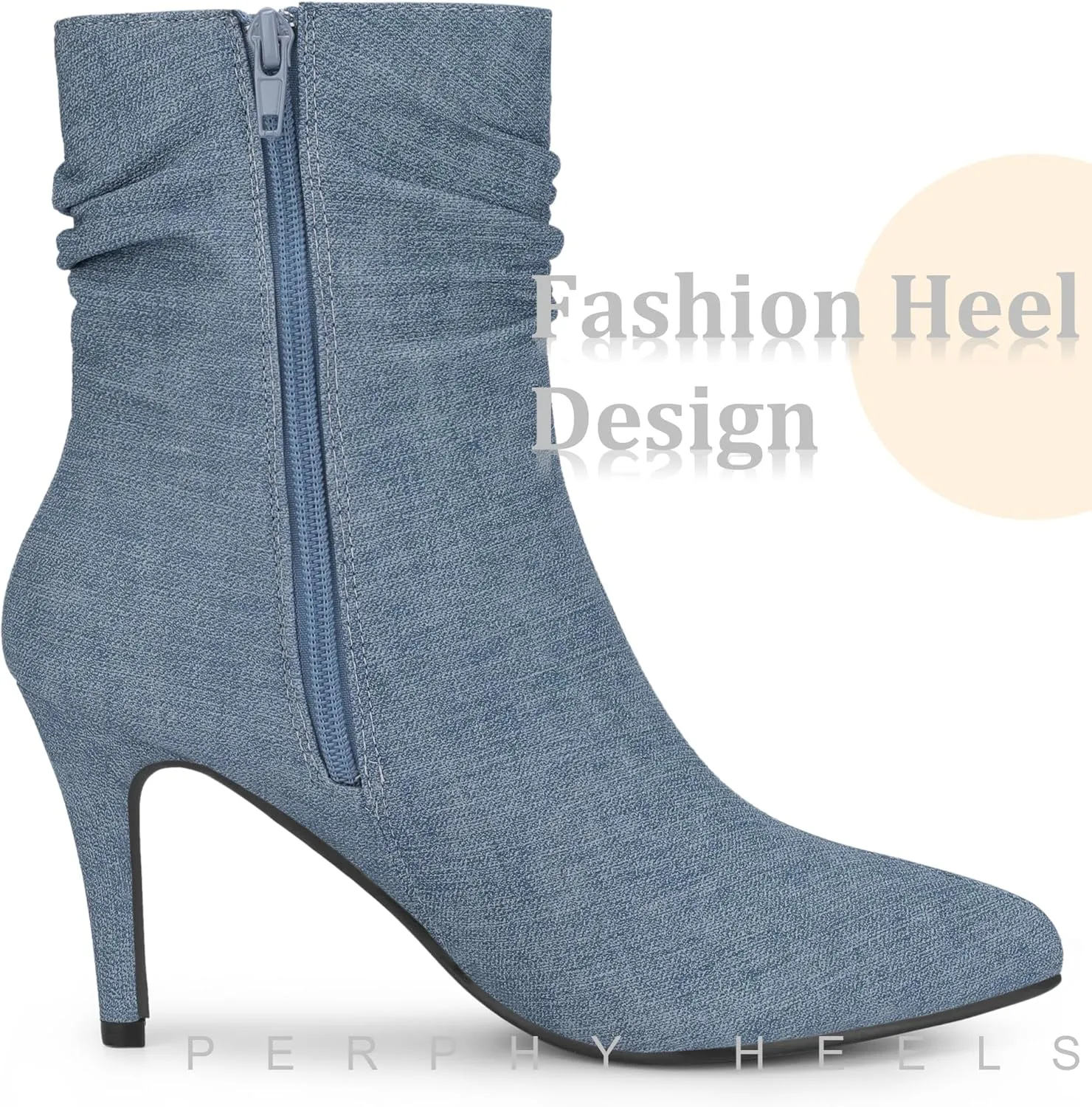 Perphy Slouched Boot Stiletto Heels Denim Faux Leather Ankle Boots for Women