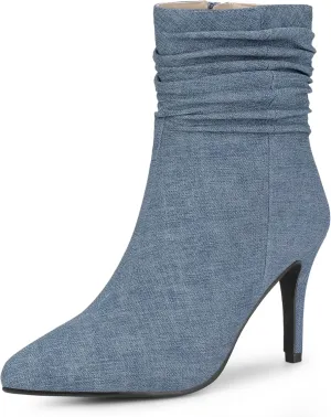 Perphy Slouched Boot Stiletto Heels Denim Faux Leather Ankle Boots for Women