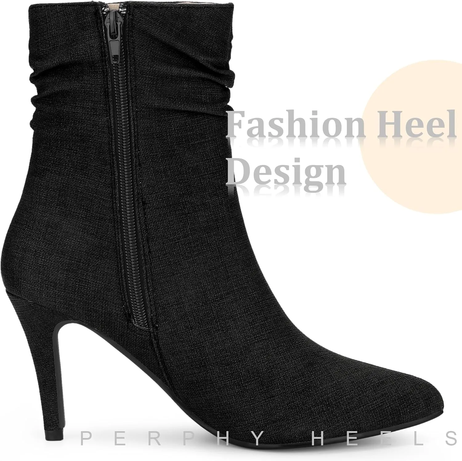 Perphy Slouched Boot Stiletto Heels Denim Faux Leather Ankle Boots for Women