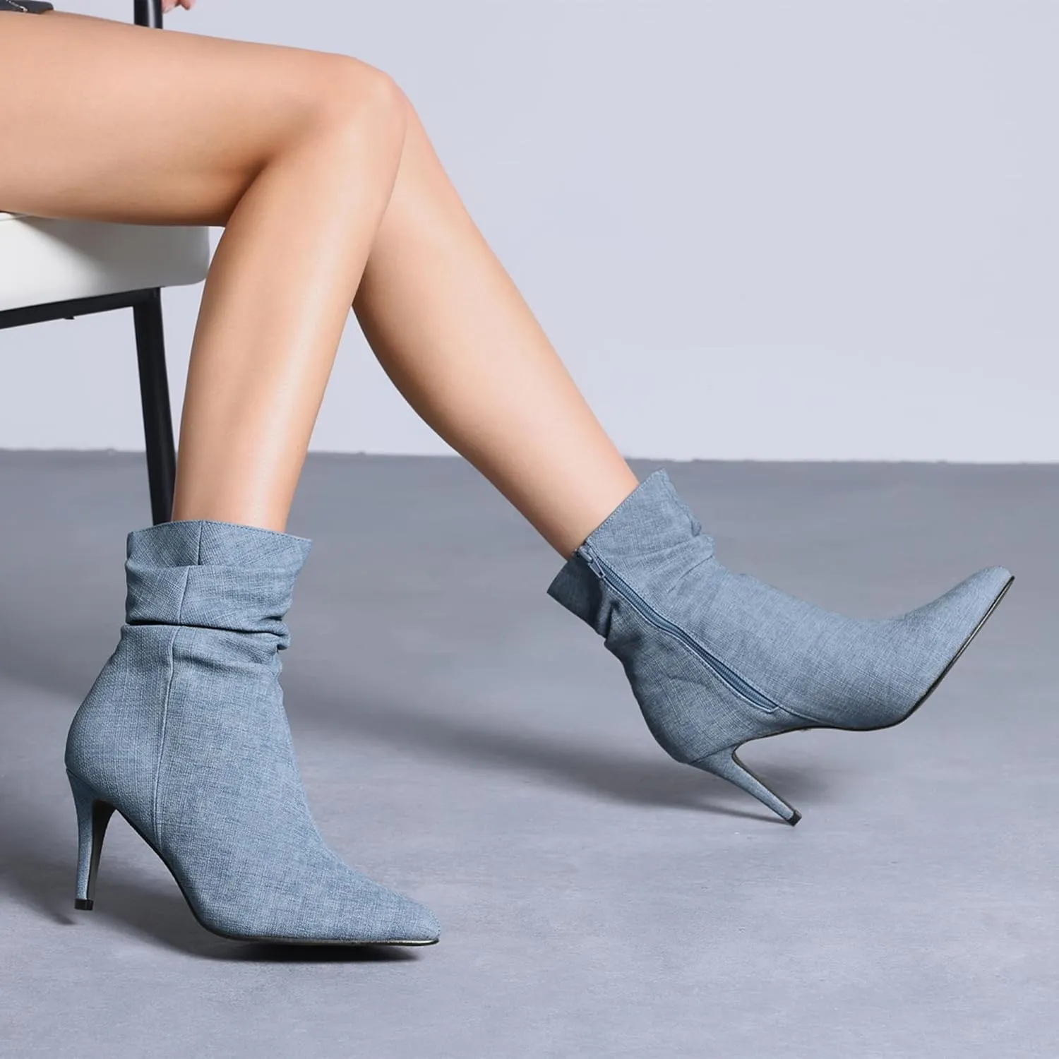 Perphy Slouched Boot Stiletto Heels Denim Faux Leather Ankle Boots for Women