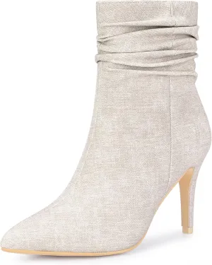 Perphy Slouched Boot Stiletto Heels Denim Faux Leather Ankle Boots for Women