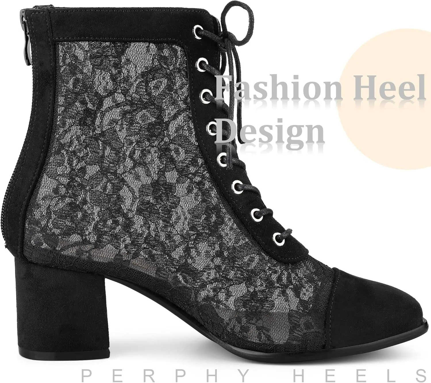 Perphy Square Toe Lace Up Floral Lace Block Heels Ankle Boots for Women