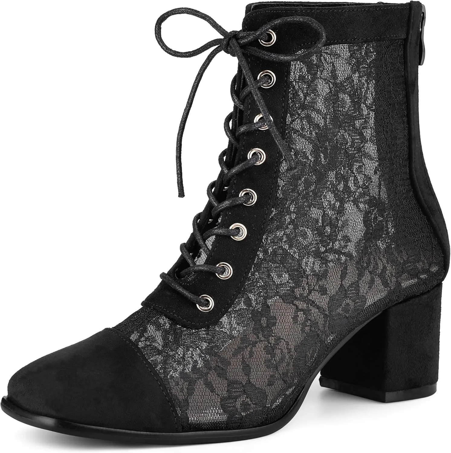 Perphy Square Toe Lace Up Floral Lace Block Heels Ankle Boots for Women