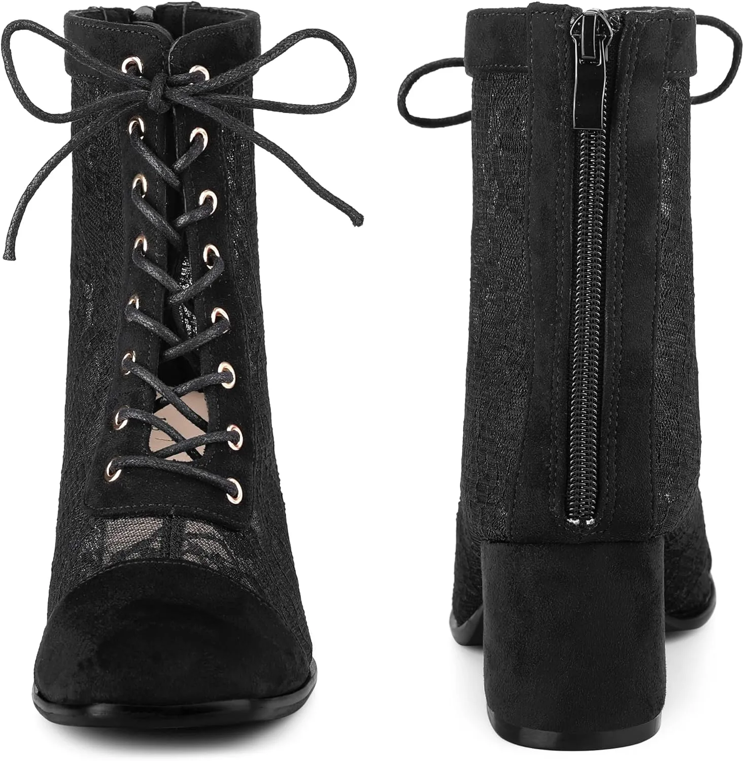Perphy Square Toe Lace Up Floral Lace Block Heels Ankle Boots for Women
