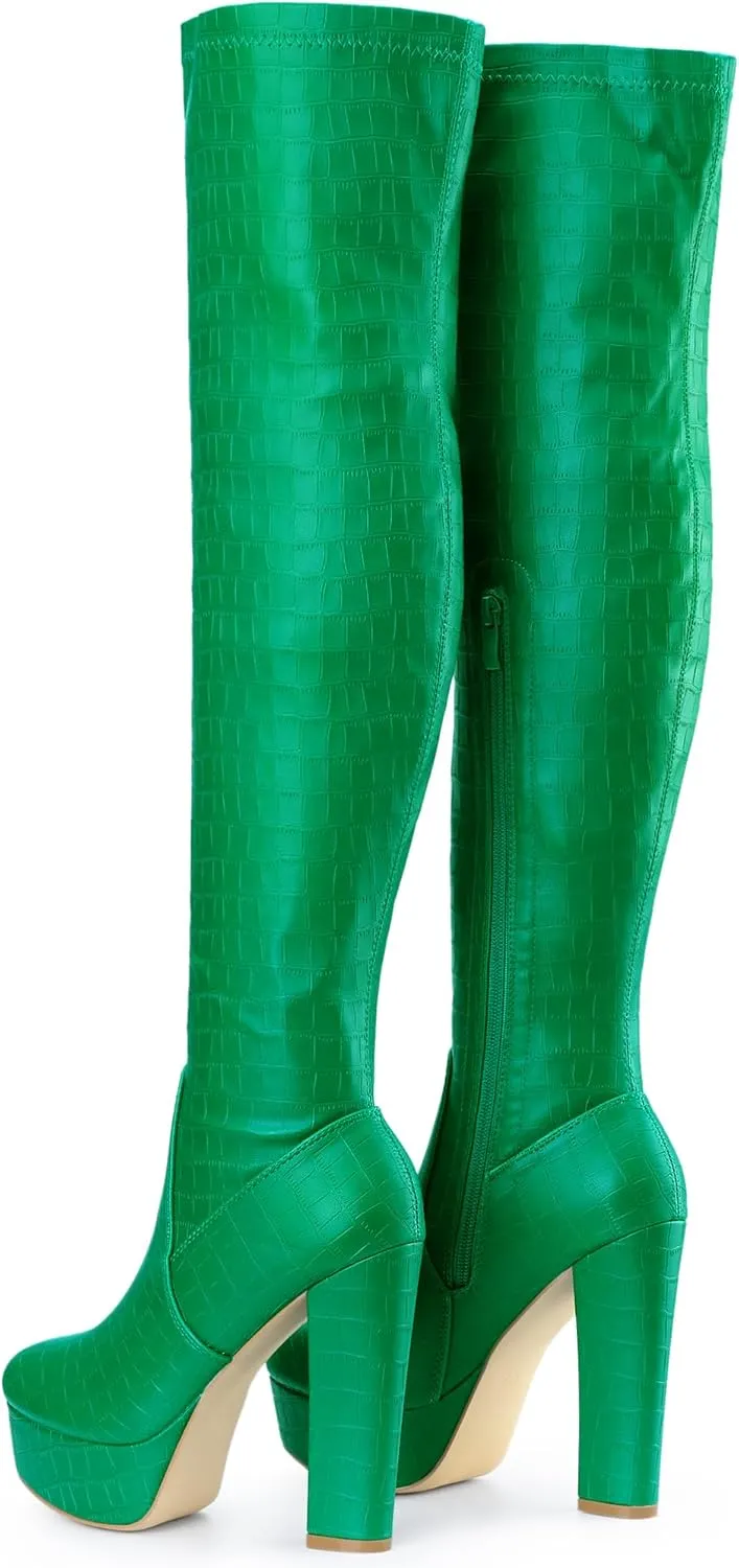 Perphy Stone Pattern Platform Boots Block Heels Over Knee Thigh High Boots for Women