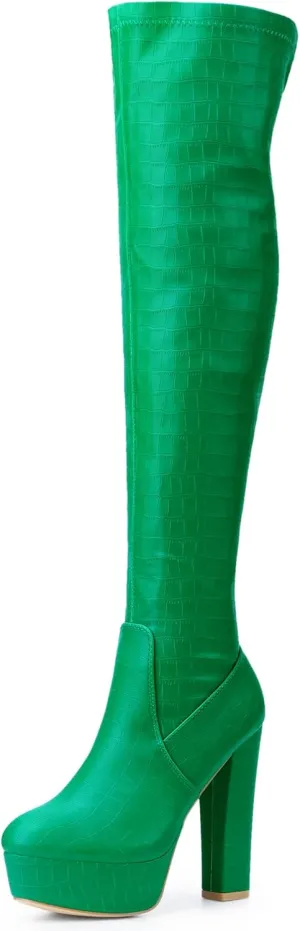 Perphy Stone Pattern Platform Boots Block Heels Over Knee Thigh High Boots for Women