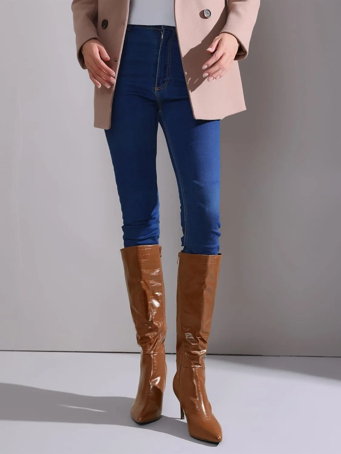 Perphy Stone Pattern Stiletto Heels Knee High Boots for Women