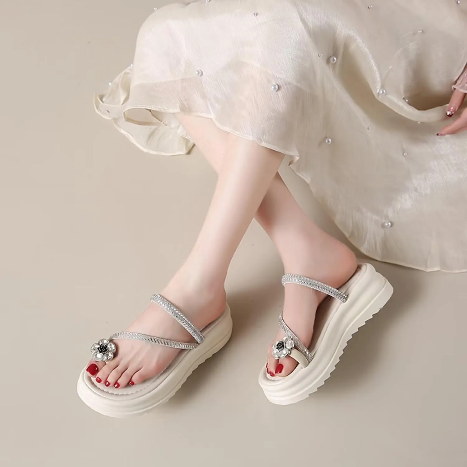 Platform Thick-soled Sandals for Women to Wear Outside Summer Shoes with Skirt Stripes Two-way Beach Slippers