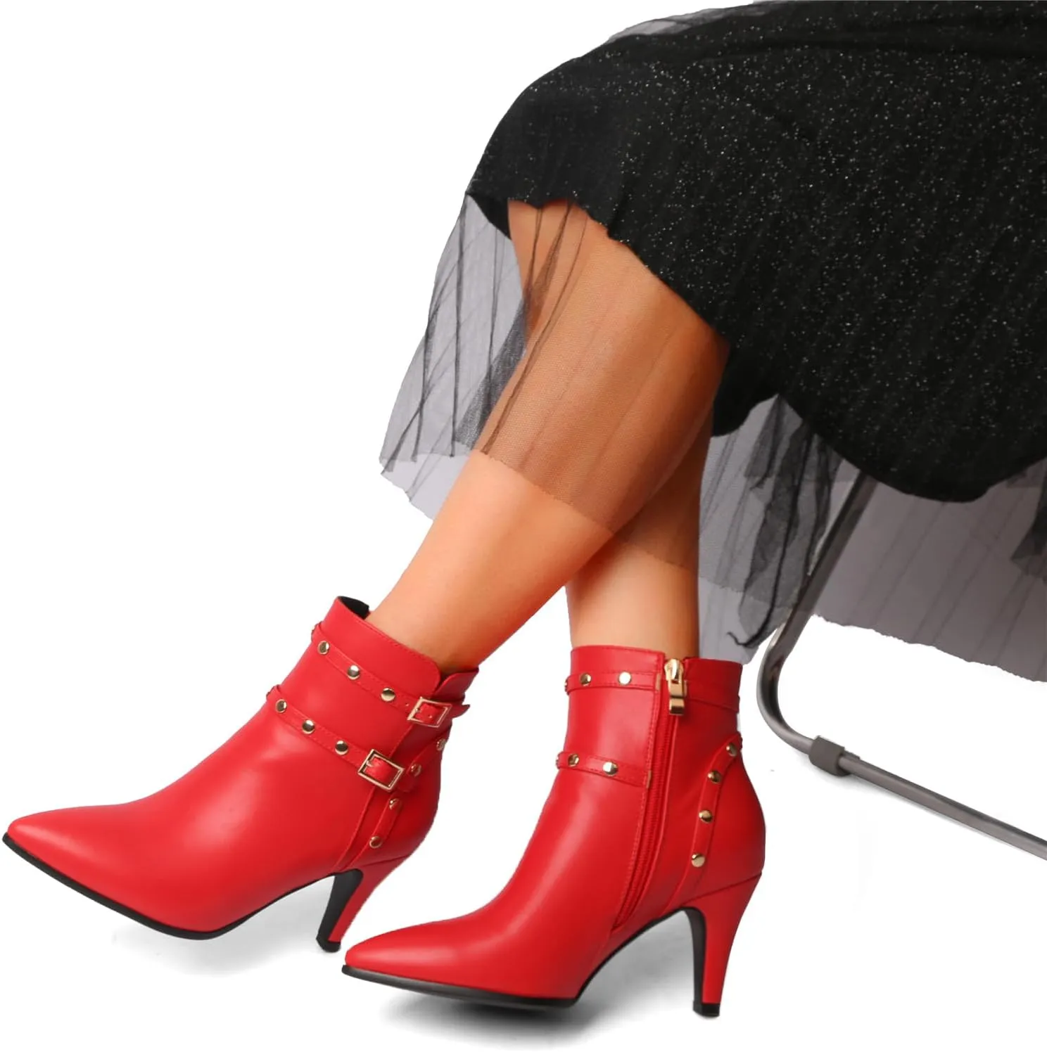 Pointed Toe Kitten Heel Boots For Women Black Booties For Women Rivets Ankle Boot Fashion Shoes