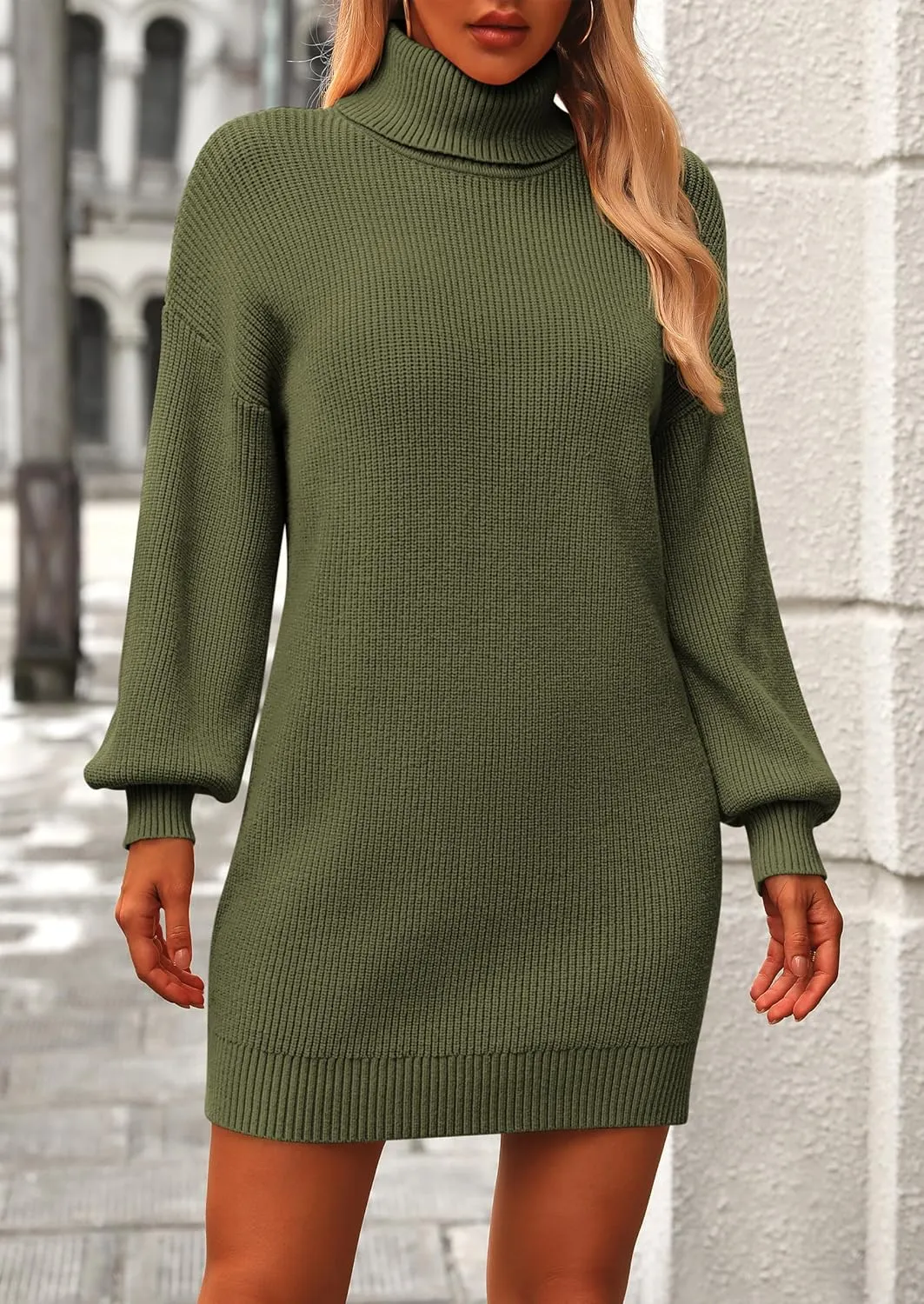 PRETTYGARDEN Sweater Dress for Women Long Puff Sleeve Turtleneck Ribbed Knit Oversized Pullover Winter Short Dress