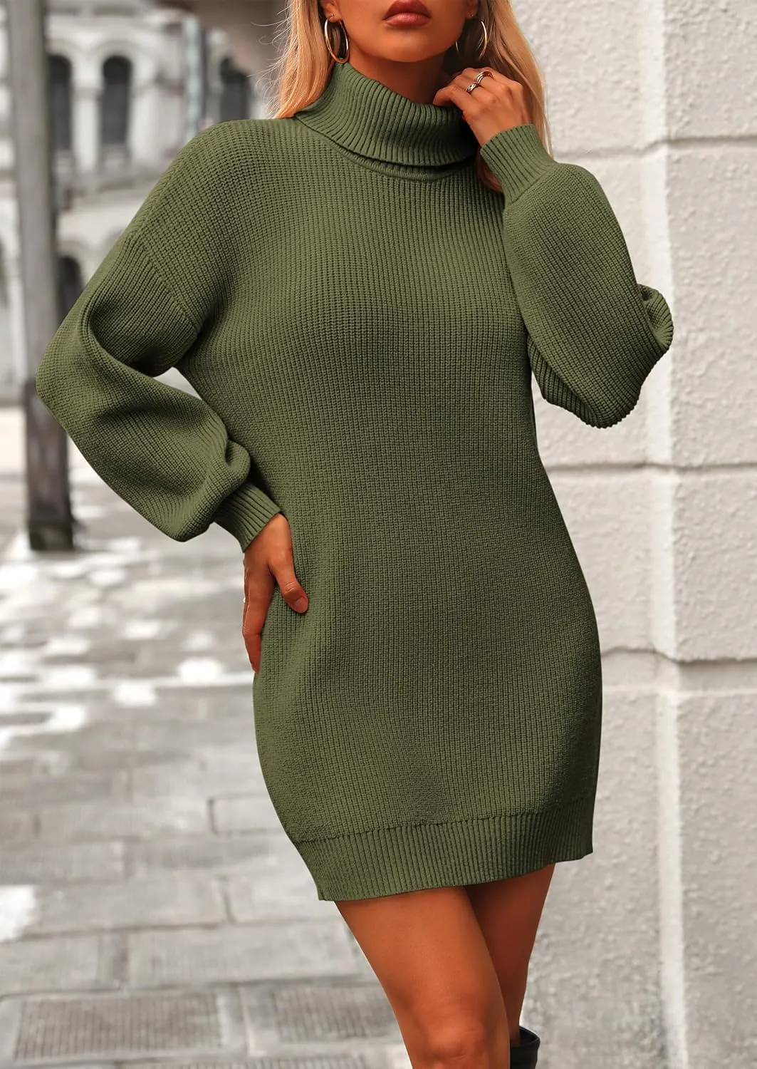 PRETTYGARDEN Sweater Dress for Women Long Puff Sleeve Turtleneck Ribbed Knit Oversized Pullover Winter Short Dress