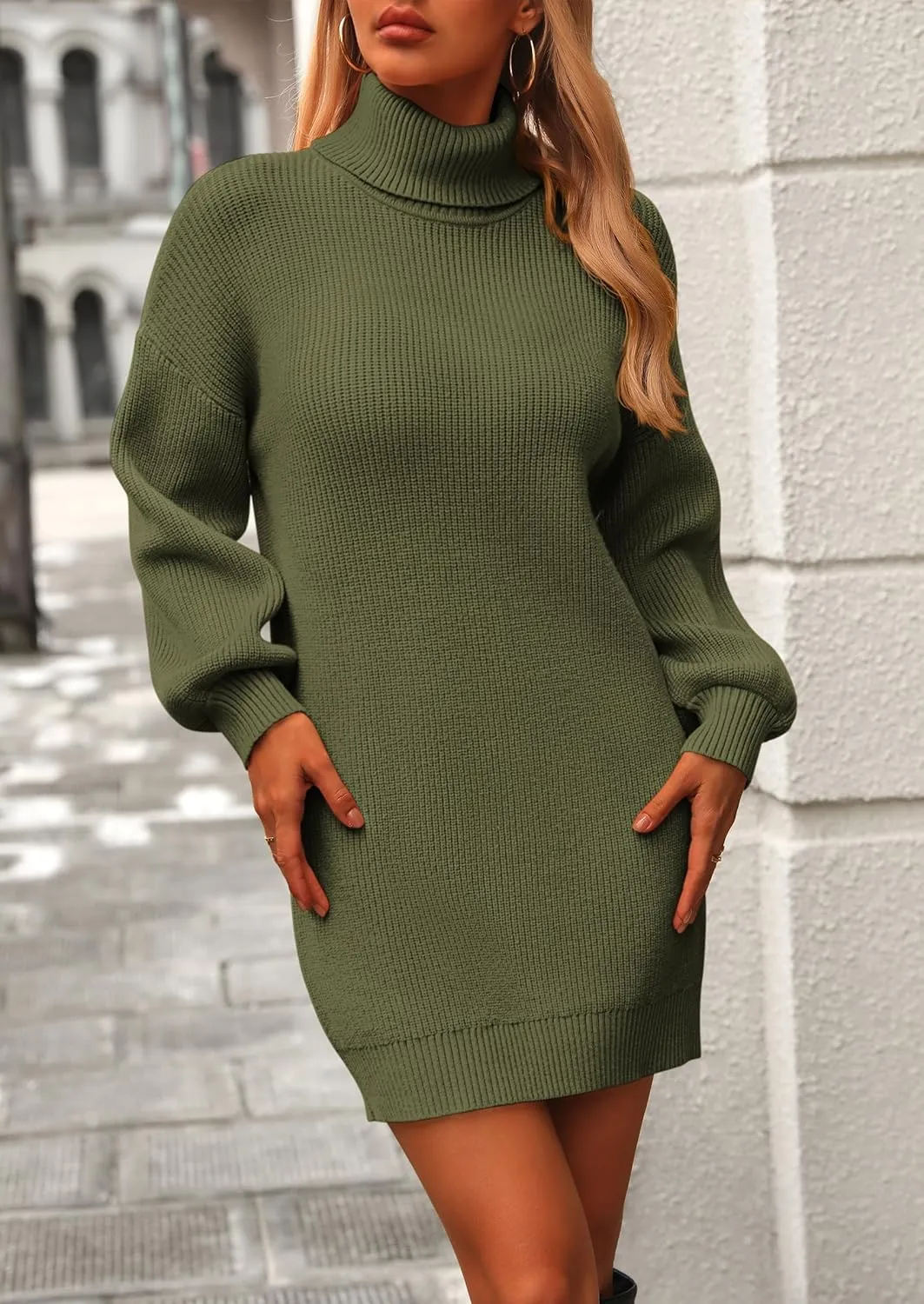 PRETTYGARDEN Sweater Dress for Women Long Puff Sleeve Turtleneck Ribbed Knit Oversized Pullover Winter Short Dress