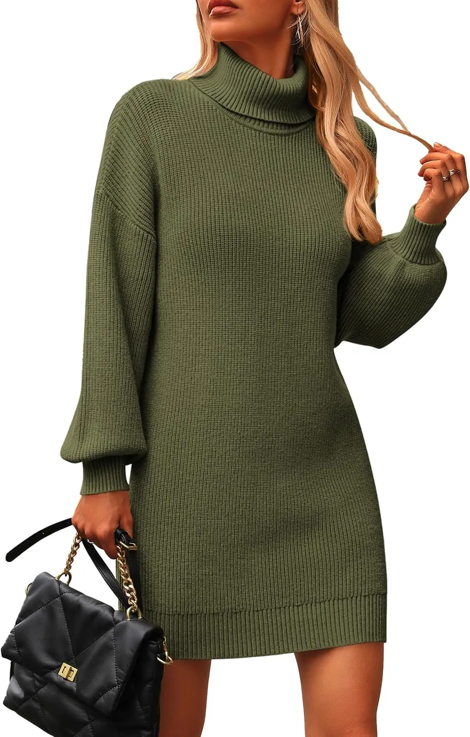 PRETTYGARDEN Sweater Dress for Women Long Puff Sleeve Turtleneck Ribbed Knit Oversized Pullover Winter Short Dress