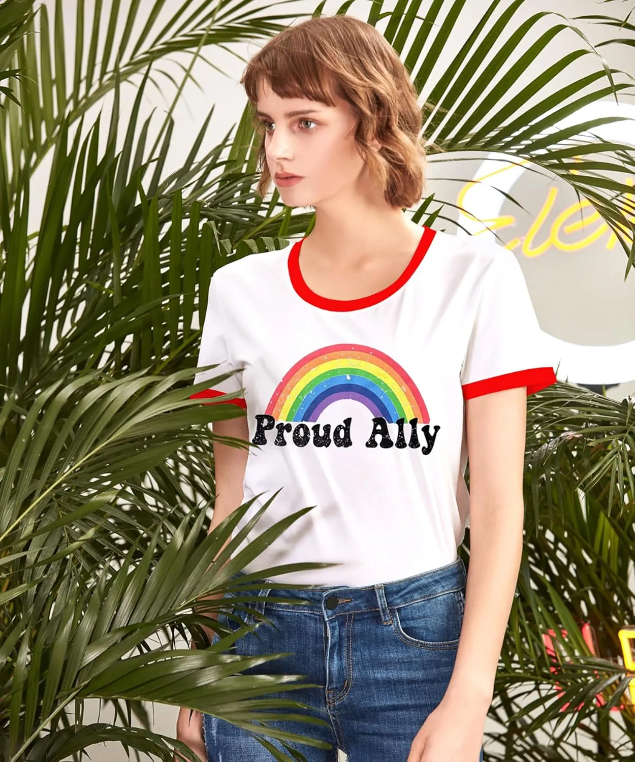 Pride Shirts for Women Pride Month Rainbow Graphic T-Shirt LGBTQ Support Red Ringer Tee
