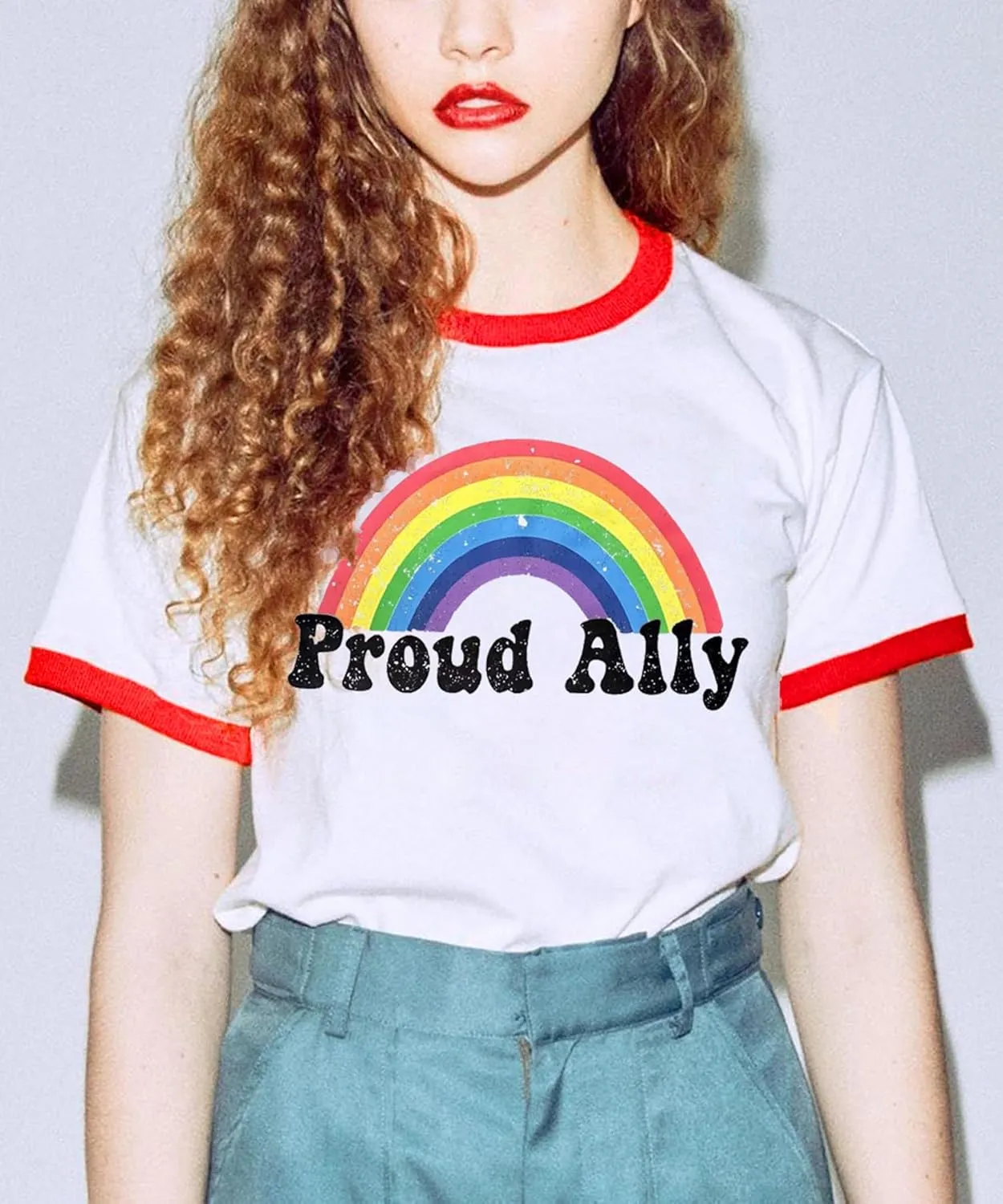 Pride Shirts for Women Pride Month Rainbow Graphic T-Shirt LGBTQ Support Red Ringer Tee
