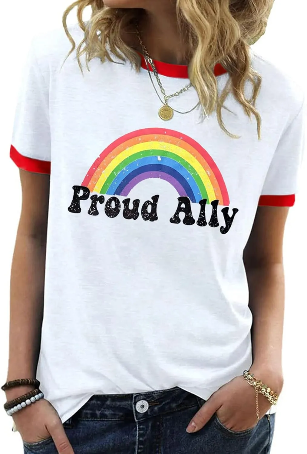 Pride Shirts for Women Pride Month Rainbow Graphic T-Shirt LGBTQ Support Red Ringer Tee