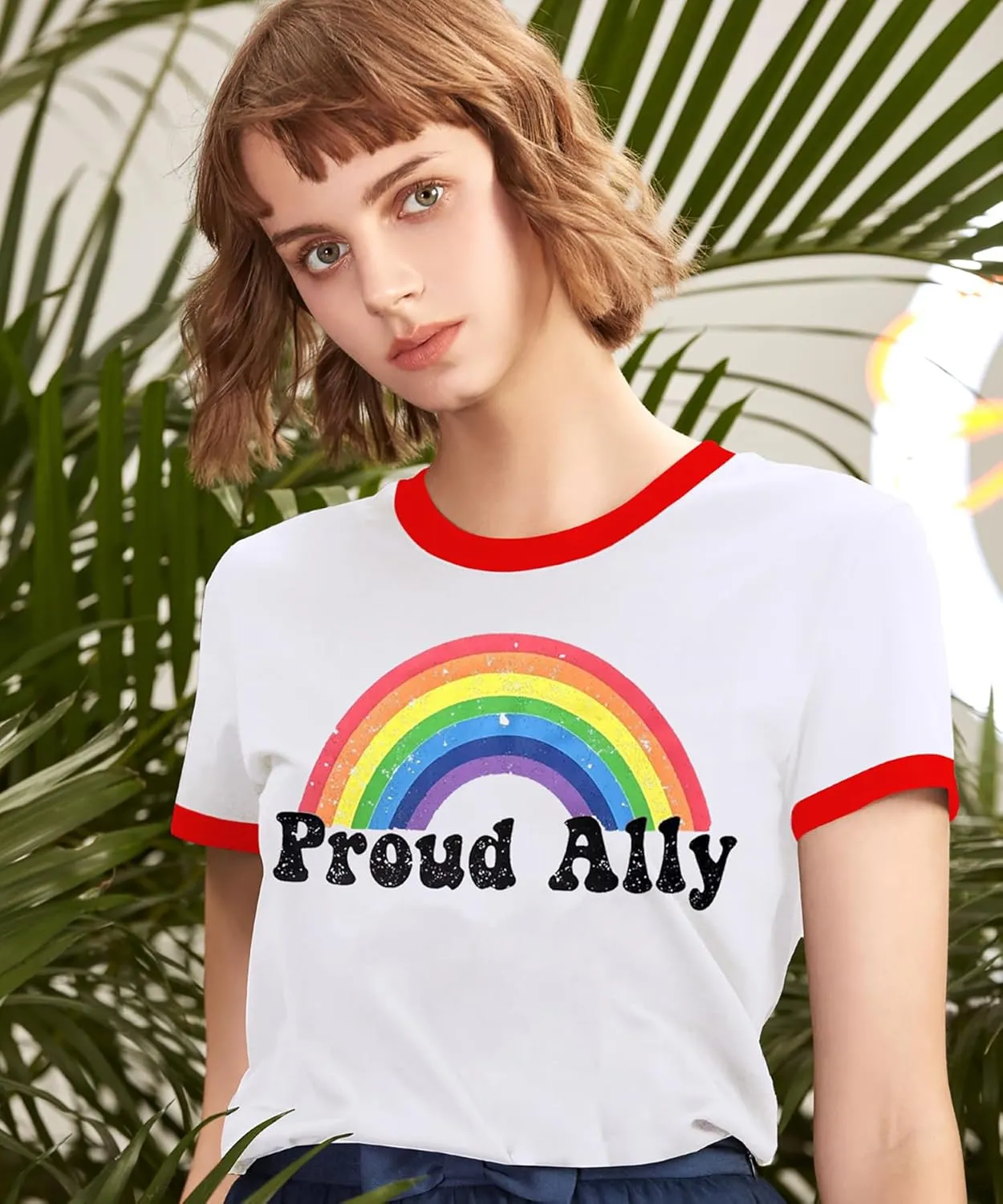 Pride Shirts for Women Pride Month Rainbow Graphic T-Shirt LGBTQ Support Red Ringer Tee