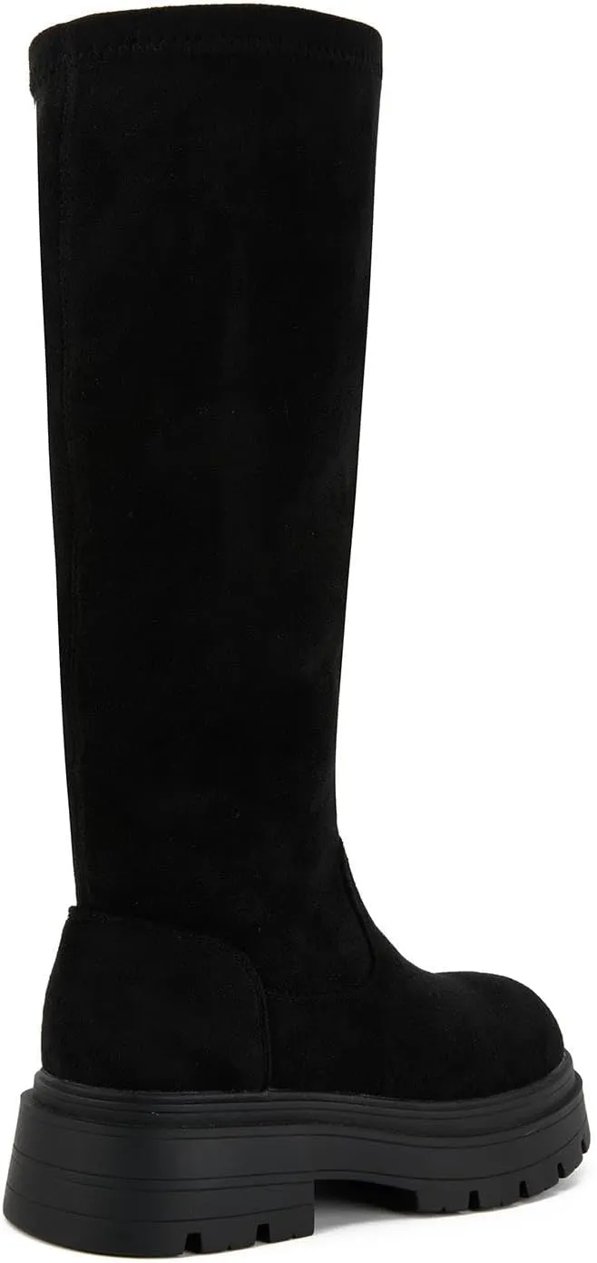 Putu Women's Platform Knee High Boots, Comfortable Faux Suede Chunky Block Heel Boots Round Toe Pull On Long Boots