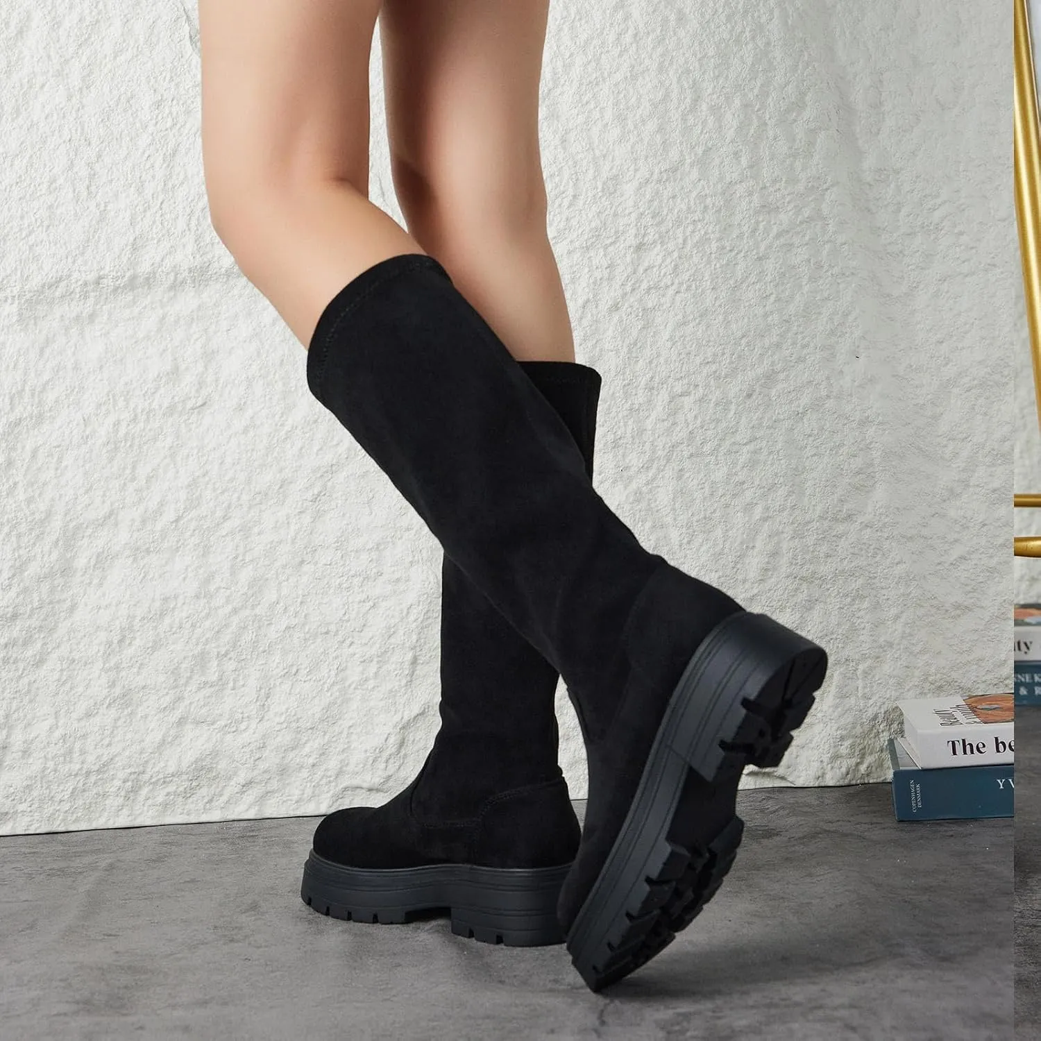Putu Women's Platform Knee High Boots, Comfortable Faux Suede Chunky Block Heel Boots Round Toe Pull On Long Boots