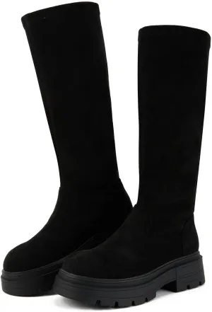 Putu Women's Platform Knee High Boots, Comfortable Faux Suede Chunky Block Heel Boots Round Toe Pull On Long Boots