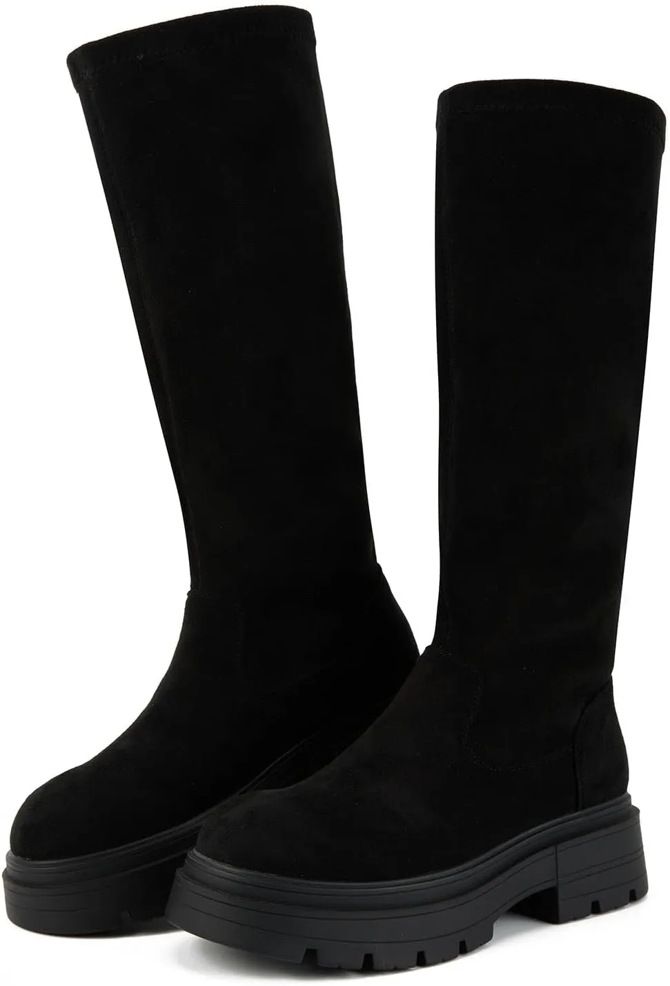 Putu Women's Platform Knee High Boots, Comfortable Faux Suede Chunky Block Heel Boots Round Toe Pull On Long Boots