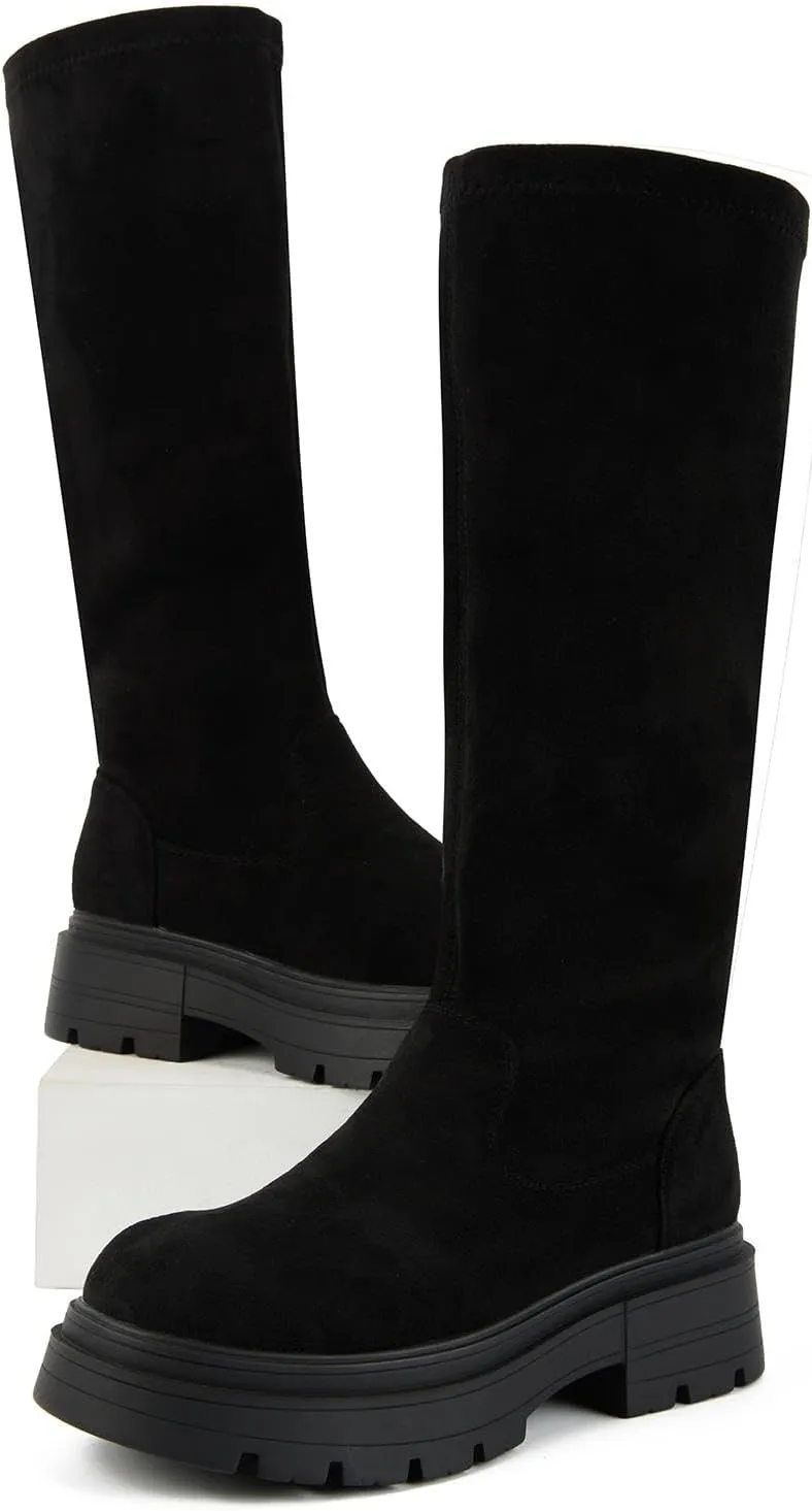 Putu Women's Platform Knee High Boots, Comfortable Faux Suede Chunky Block Heel Boots Round Toe Pull On Long Boots