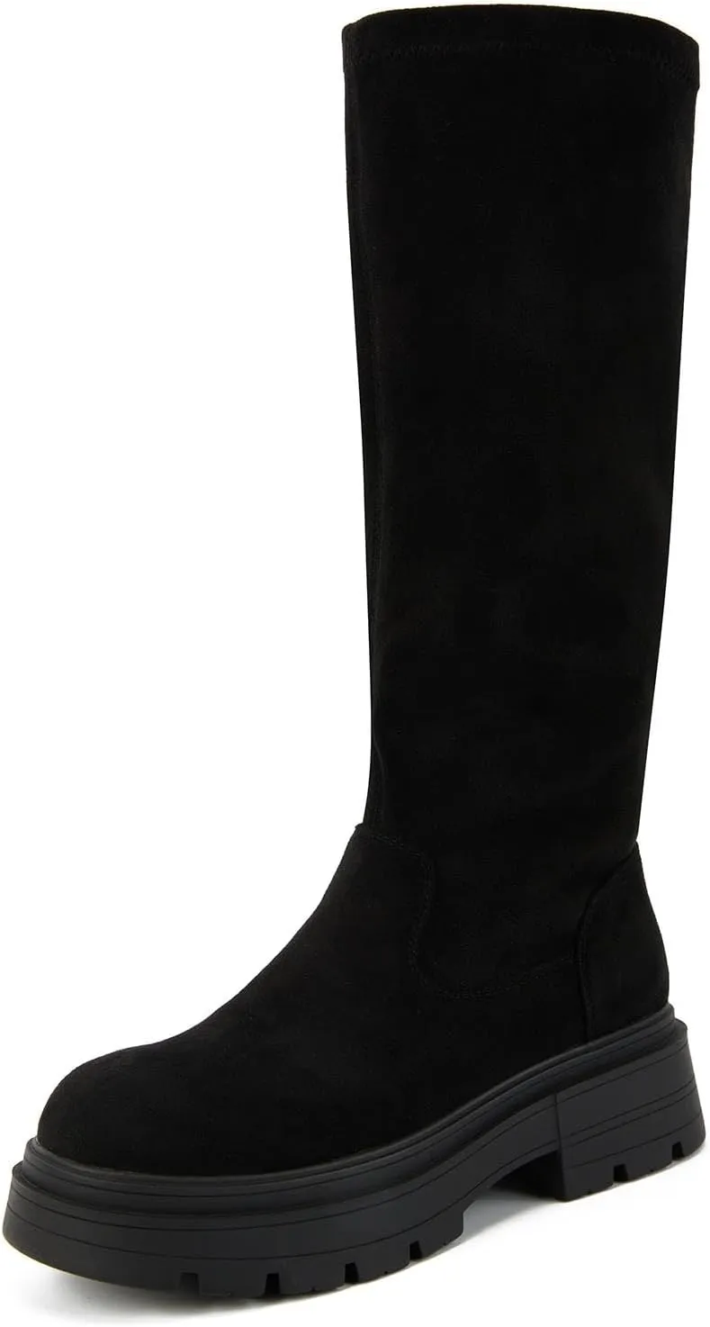 Putu Women's Platform Knee High Boots, Comfortable Faux Suede Chunky Block Heel Boots Round Toe Pull On Long Boots