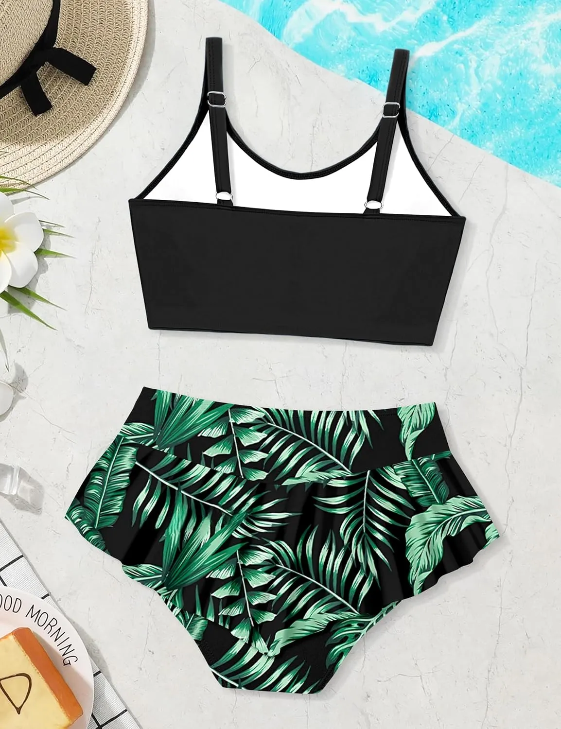 Qaoerde Girls Swimsuit Tropical Print Bikini Set with Ruffle Hem Two Piece Criss Cross Bathing Suits for Girls 7-14 Years