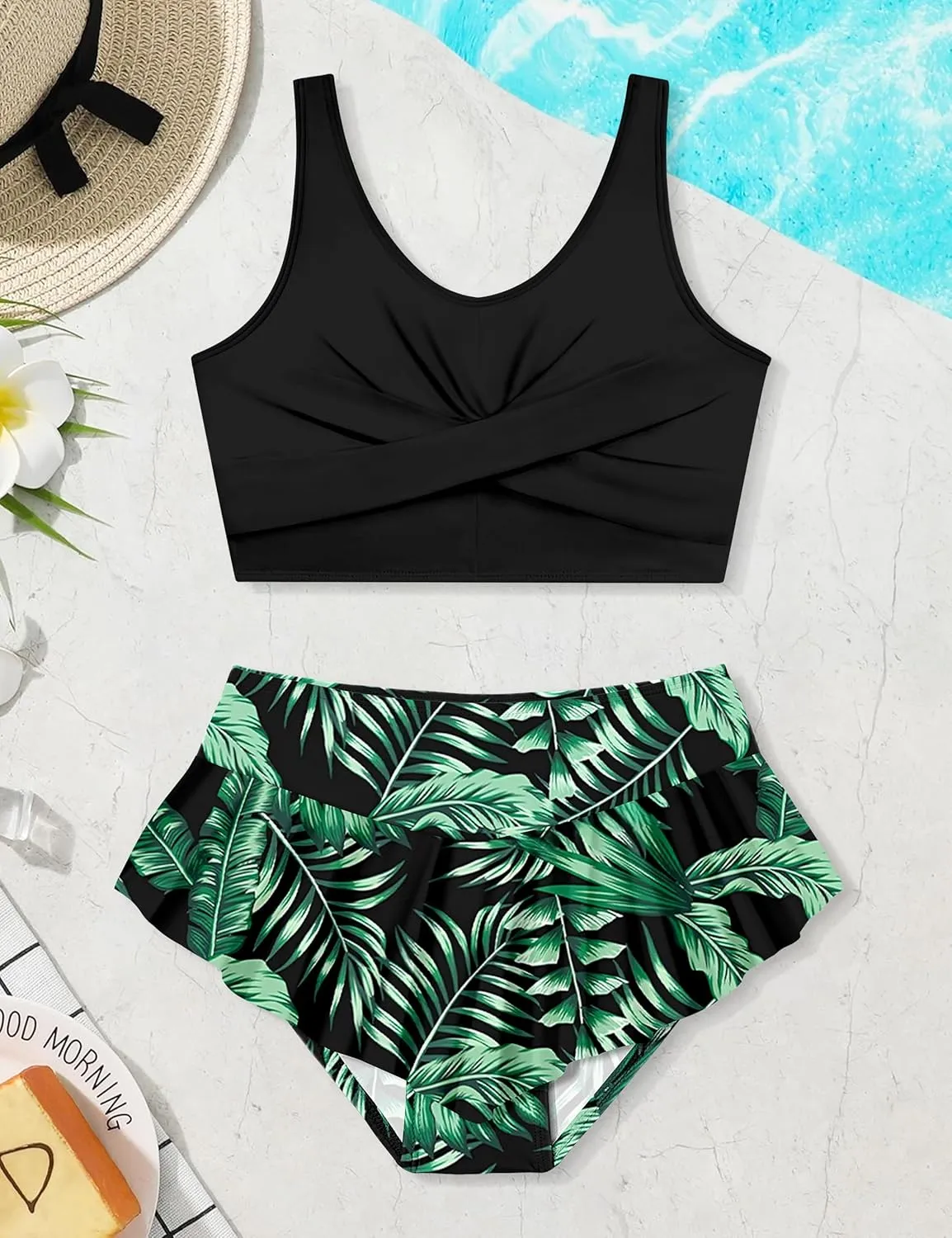 Qaoerde Girls Swimsuit Tropical Print Bikini Set with Ruffle Hem Two Piece Criss Cross Bathing Suits for Girls 7-14 Years