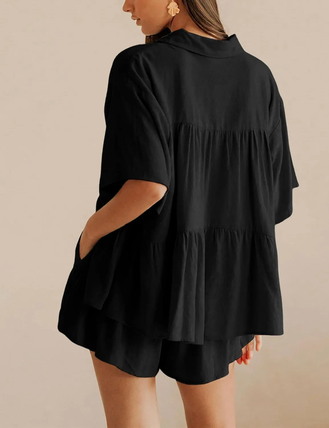 Qiaomai Womens 2 Piece Outfits Summer Ruffled Shirt and High Waist Shorts Matching Set