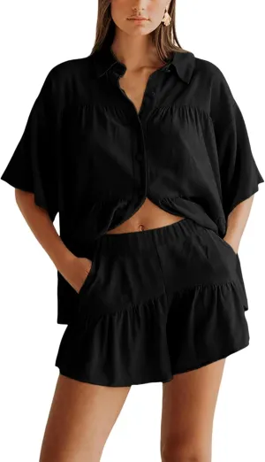 Qiaomai Womens 2 Piece Outfits Summer Ruffled Shirt and High Waist Shorts Matching Set